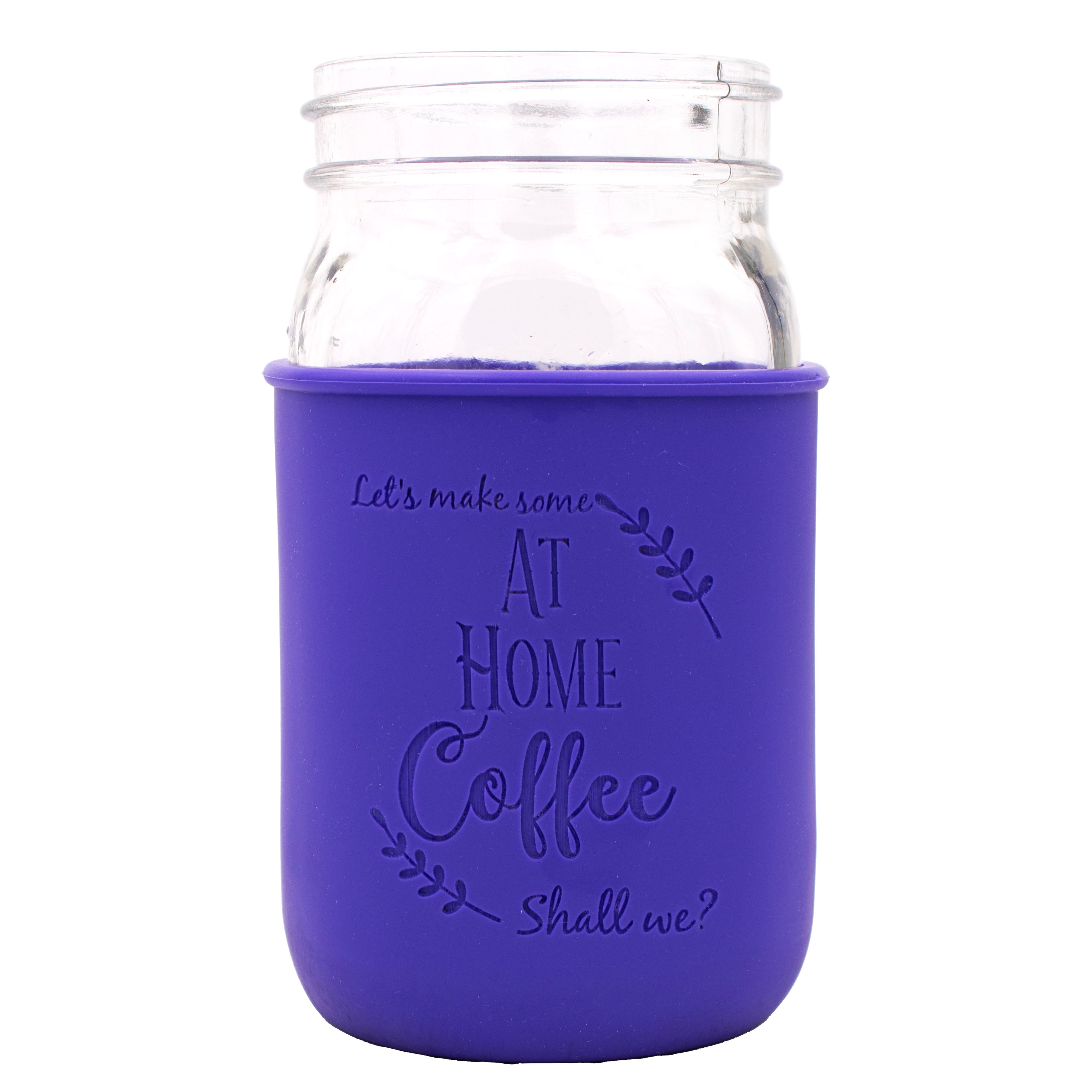 Glass jar with a purple sleeve featuring text on a white background
