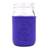 Glass jar with a purple sleeve featuring text on a white background