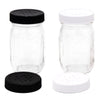 A set of four mini Ball Mason jar storage/spice lids in different styles, including metal storage, flip-top, and classic spice shaker, displayed alongside a 4oz mini Ball Mason jar filled with multicolored sprinkles.