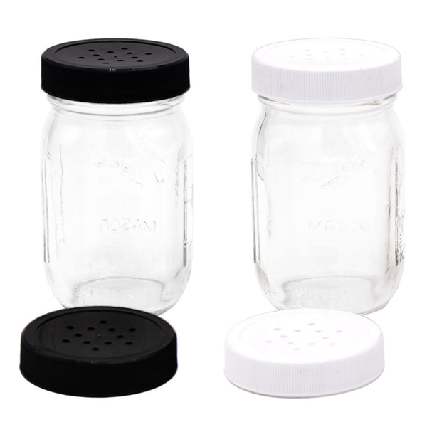 A set of four mini Ball Mason jar storage/spice lids in different styles, including metal storage, flip-top, and classic spice shaker, displayed alongside a 4oz mini Ball Mason jar filled with multicolored sprinkles.