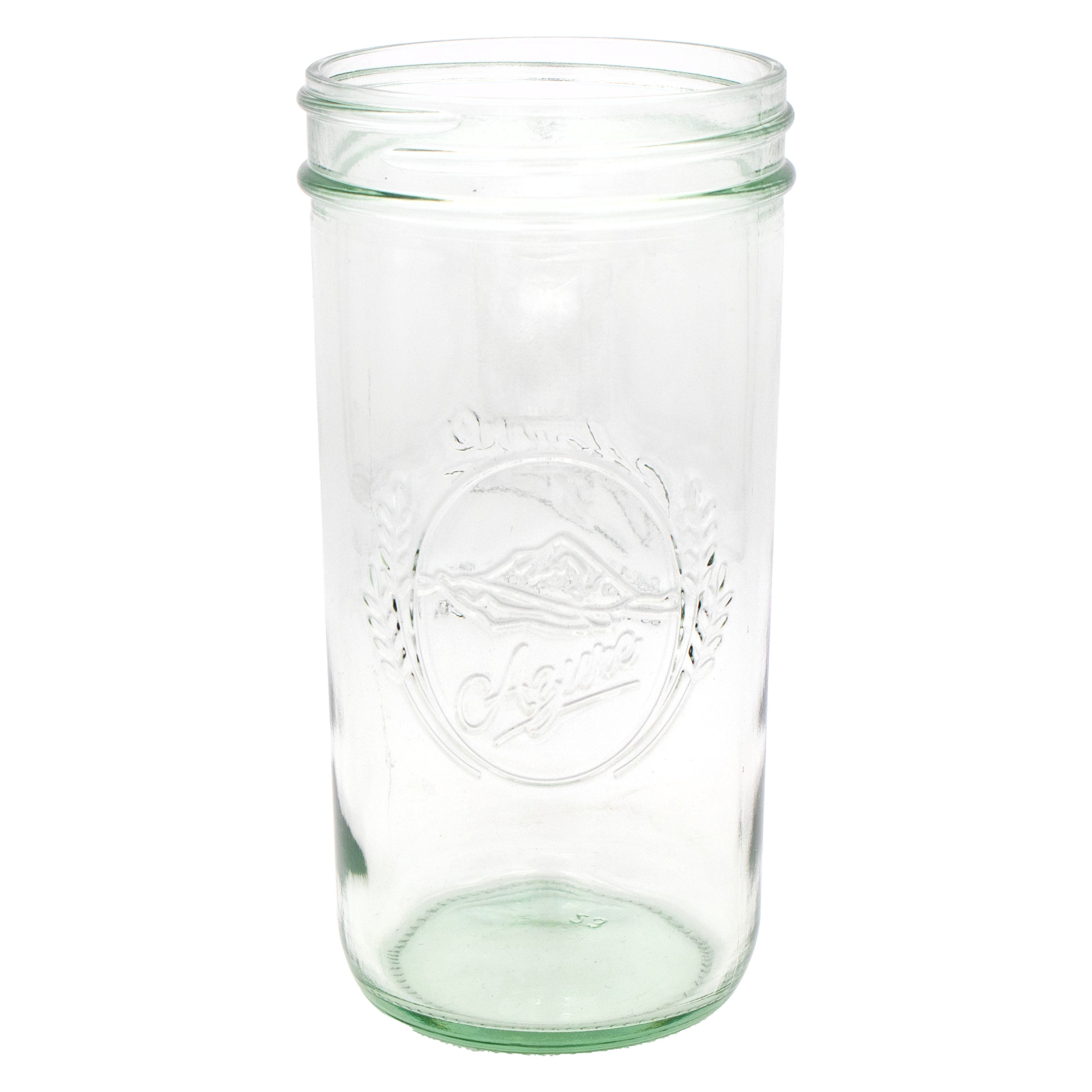 Clear glass jar with embossed design on a white background