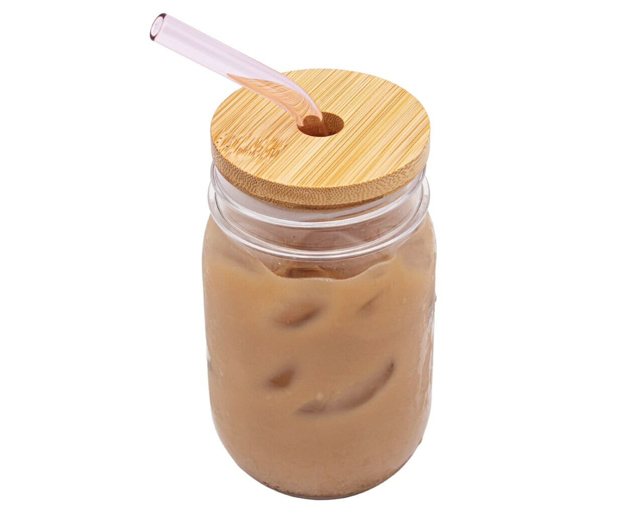 Glass jar with a wooden lid and straw on a white background