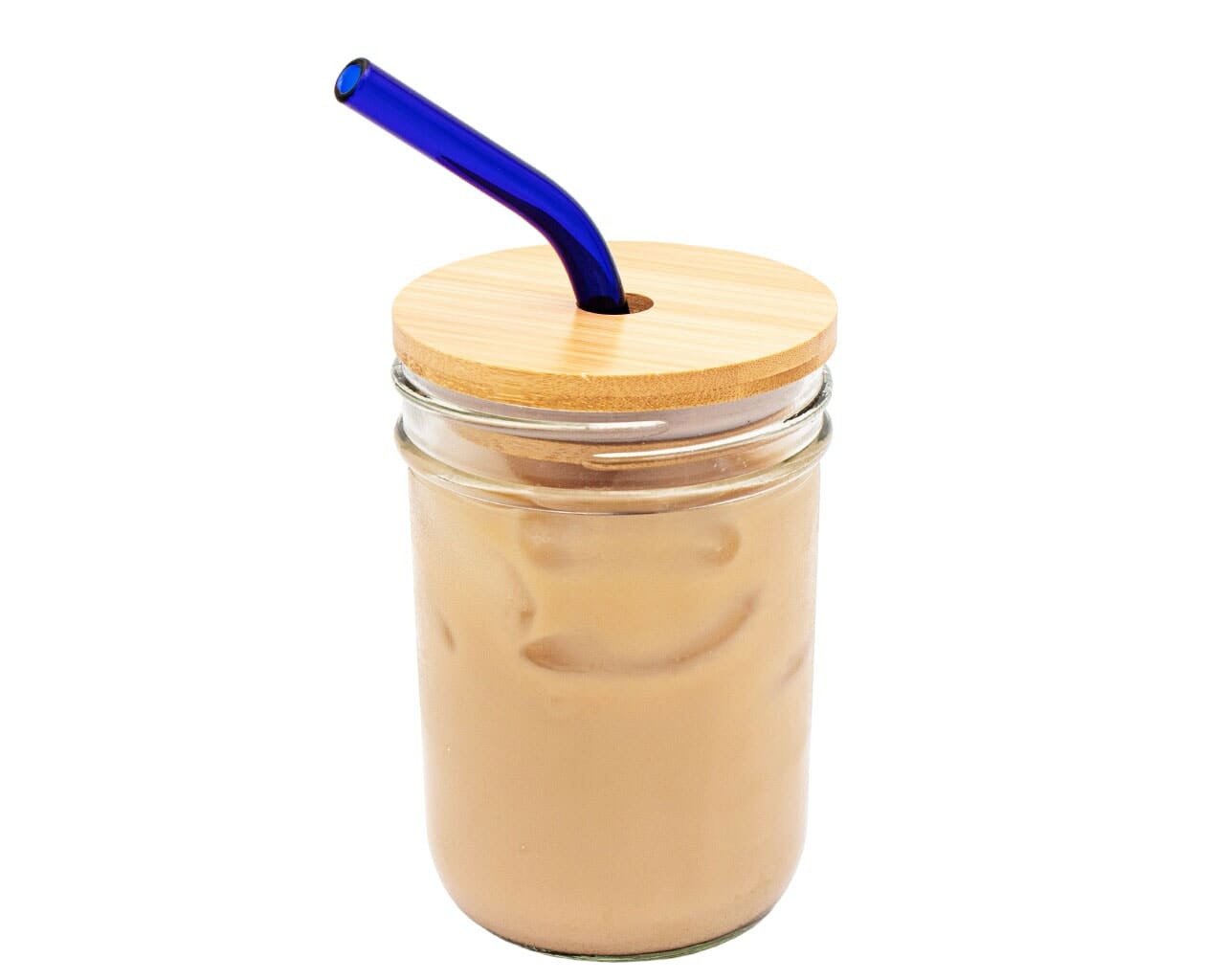 Glass jar with a wooden lid and blue straw on a white background