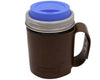 Brown leather mug with a silver lid and blue top on a white background