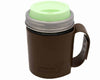 Brown mason jar with a green lid on a white background