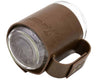Brown leather mug with a clear plastic lid on a white background