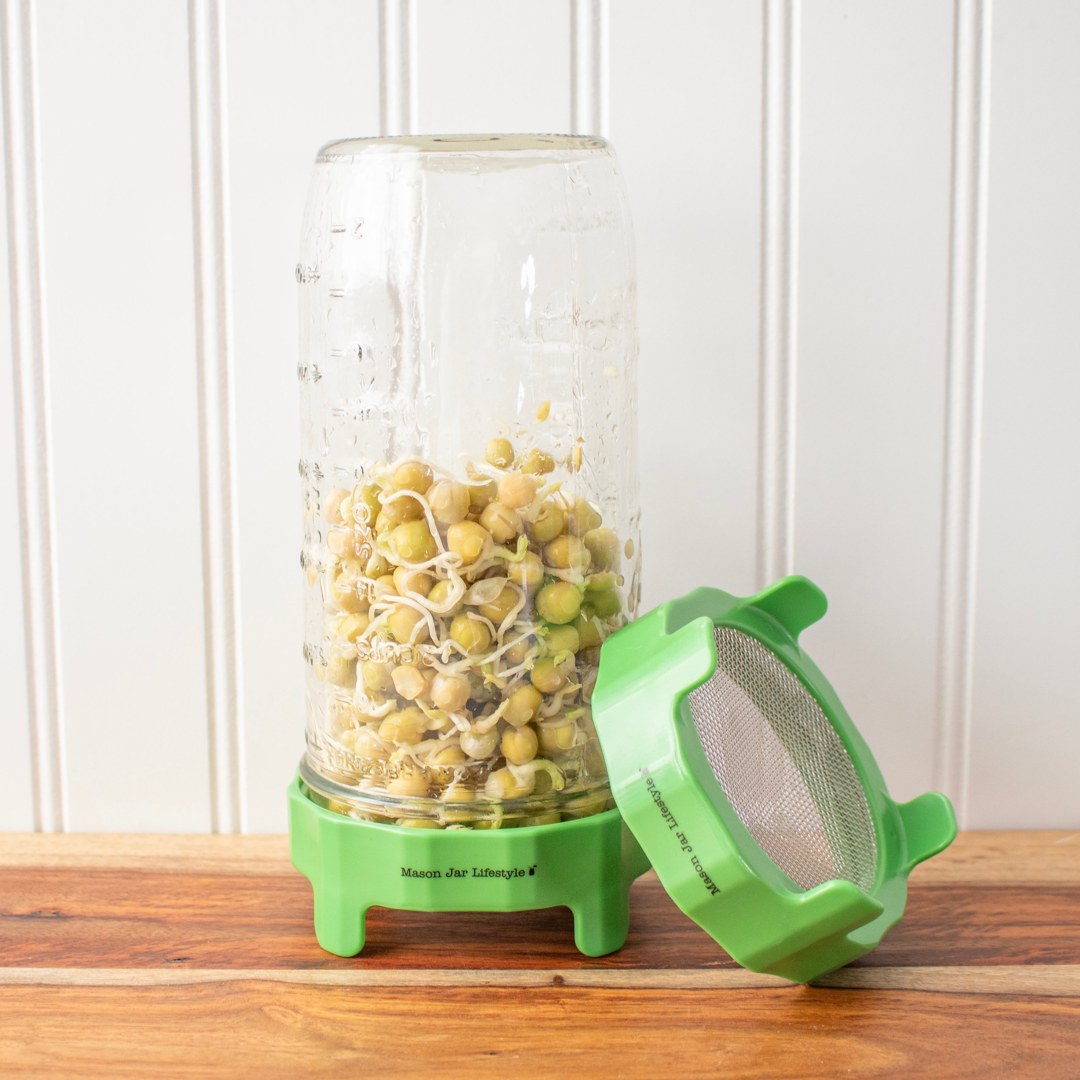 Glass jar with green base and lid filled with sprouts on a wooden surface.