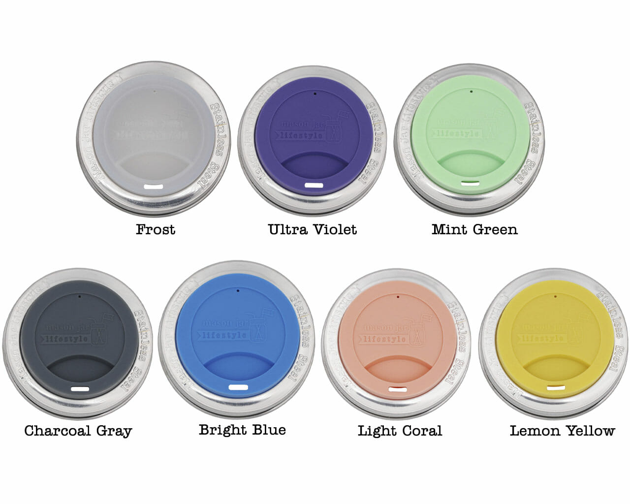 Set of eight colored lids with labels on a white background