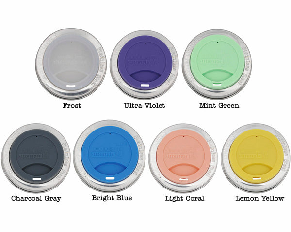 Set of eight colored lids with labels on a white background
