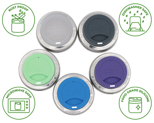 Set of six colorful silicone lids with safety icons on a white background. Transform your Mason jars into eco-friendly tumblers with Silicone Drinking Lids and Stainless Steel Bands from Clozist. BPA-free, LFGB-certified, and dishwasher safe. Perfect for smoothies, coffee, or toddler sippy cups. Shop the sustainable Amazon alternative!