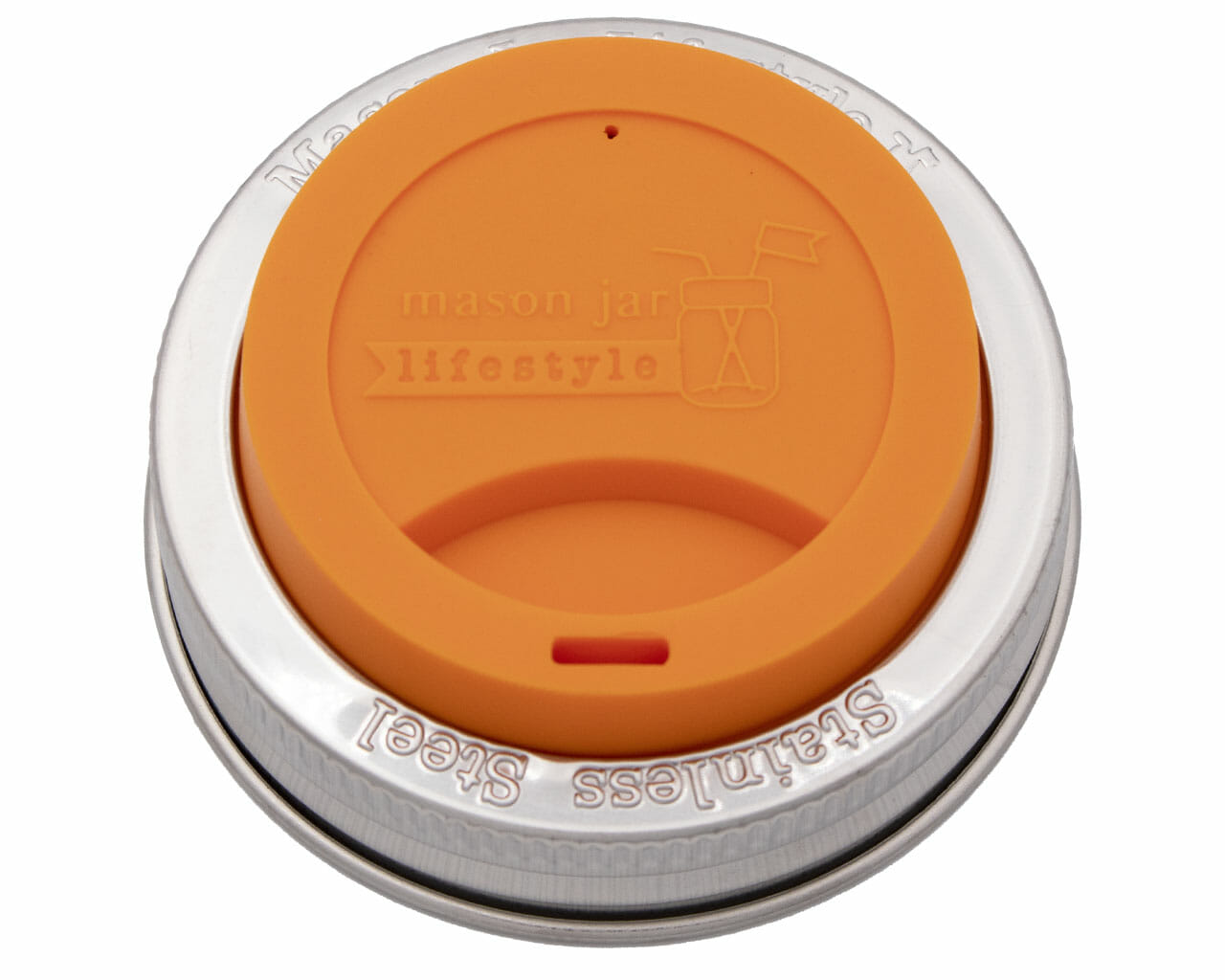 Orange and silver lid with 'mason jar lifestyle' branding on a white background