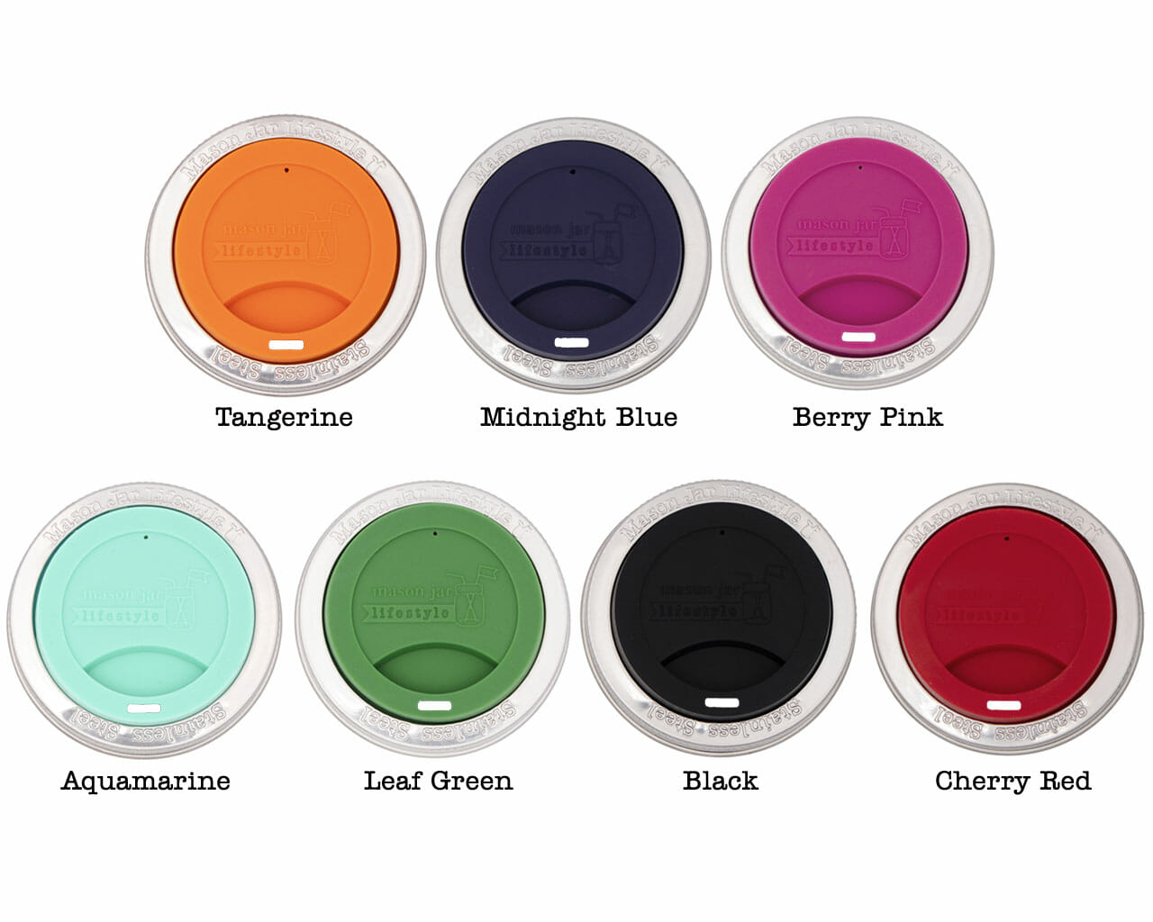 Set of colorful drink lids with labels on a white background