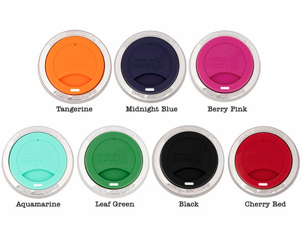 Set of colorful drink lids with labels on a white background