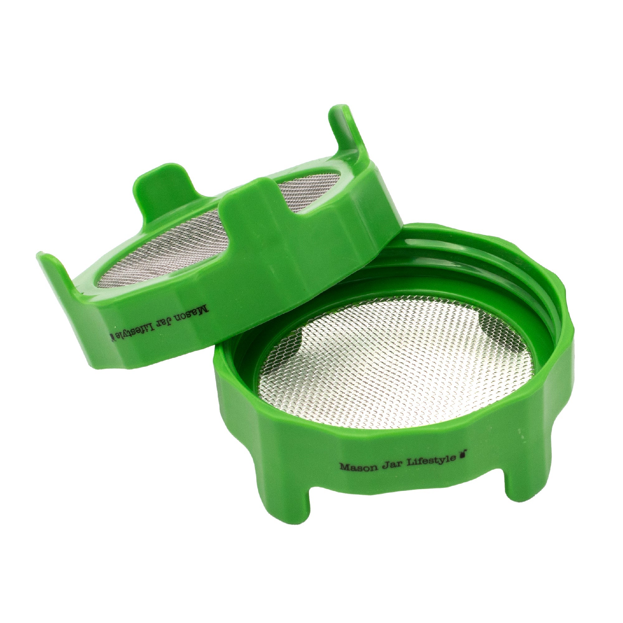 Green mesh strainer with a lid on a white background
