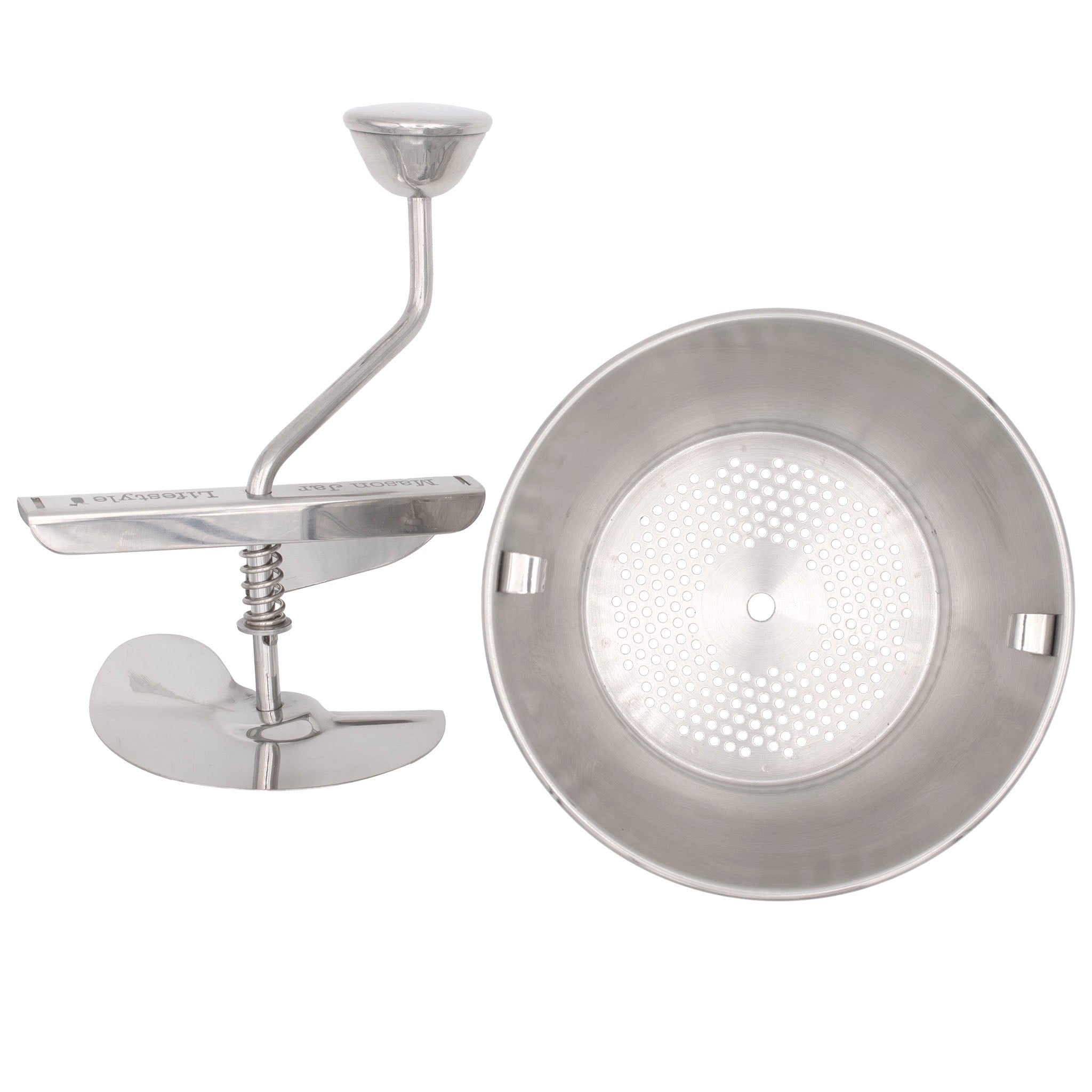 Stainless steel kitchen strainer with handle on a white background