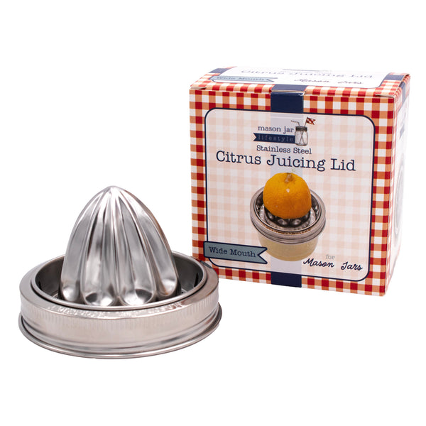 Stainless steel citrus juicing lid with packaging on a white background
