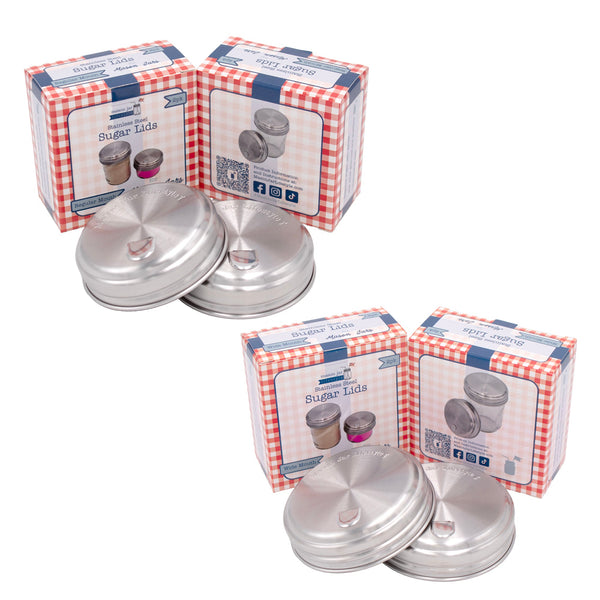 Silver sugar lids with packaging on a white background