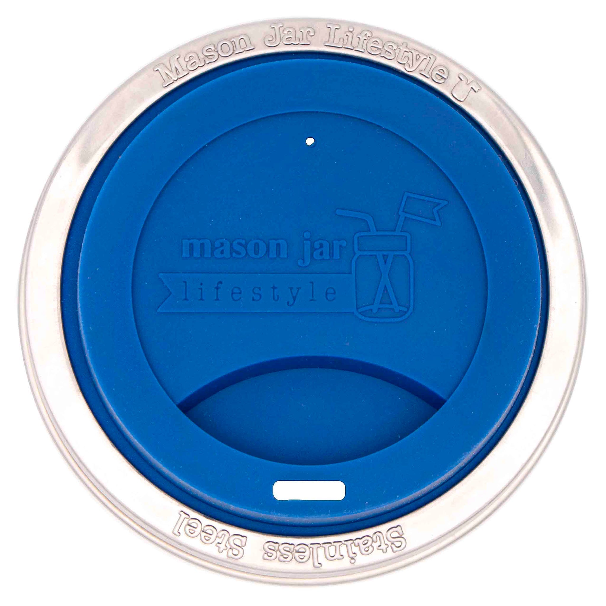 Blue lid with 'mason jar lifestyle' branding on a white background