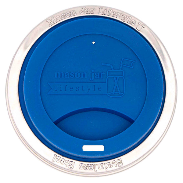 Blue lid with 'mason jar lifestyle' branding on a white background