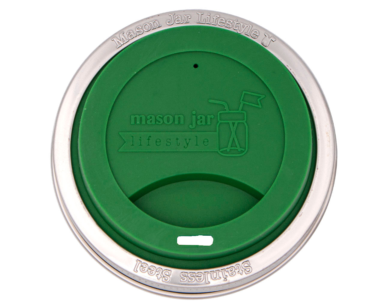 Green lid with silver rim for mason jar, branded 'Mason Jar Lifestyle'.