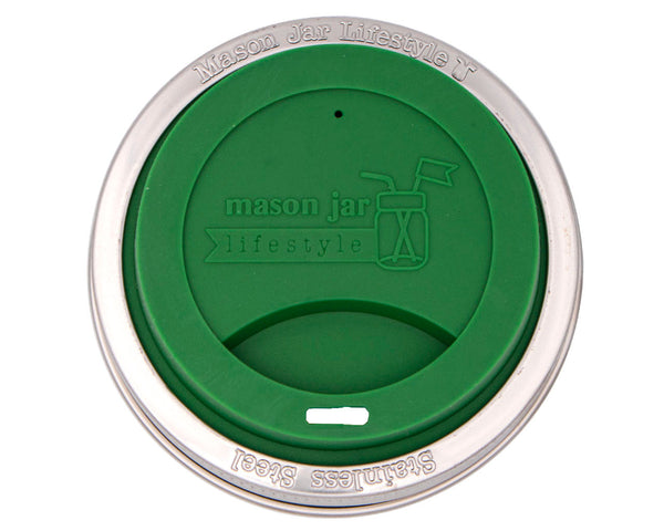 Green lid with silver rim for mason jar, branded 'Mason Jar Lifestyle'.