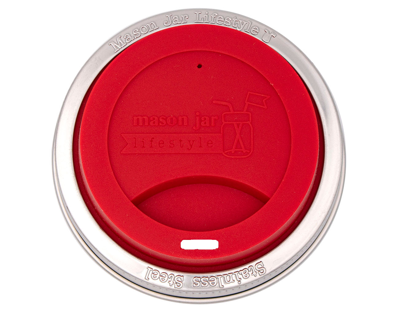Red lid with 'mason jar lifestyle' branding on a white background