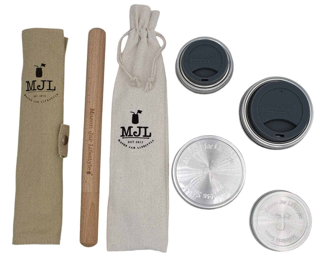 Set of reusable coffee brewing tools with M&JL branding on a white background. Start your plastic-free journey with the Zero Waste Starter Kit at Clozist. Includes bamboo utensils, stainless steel straws, and leak-proof Mason jar lids. The perfect sustainable gift to reduce waste and upcycle your glass jars. Shop the green Amazon alternative today!