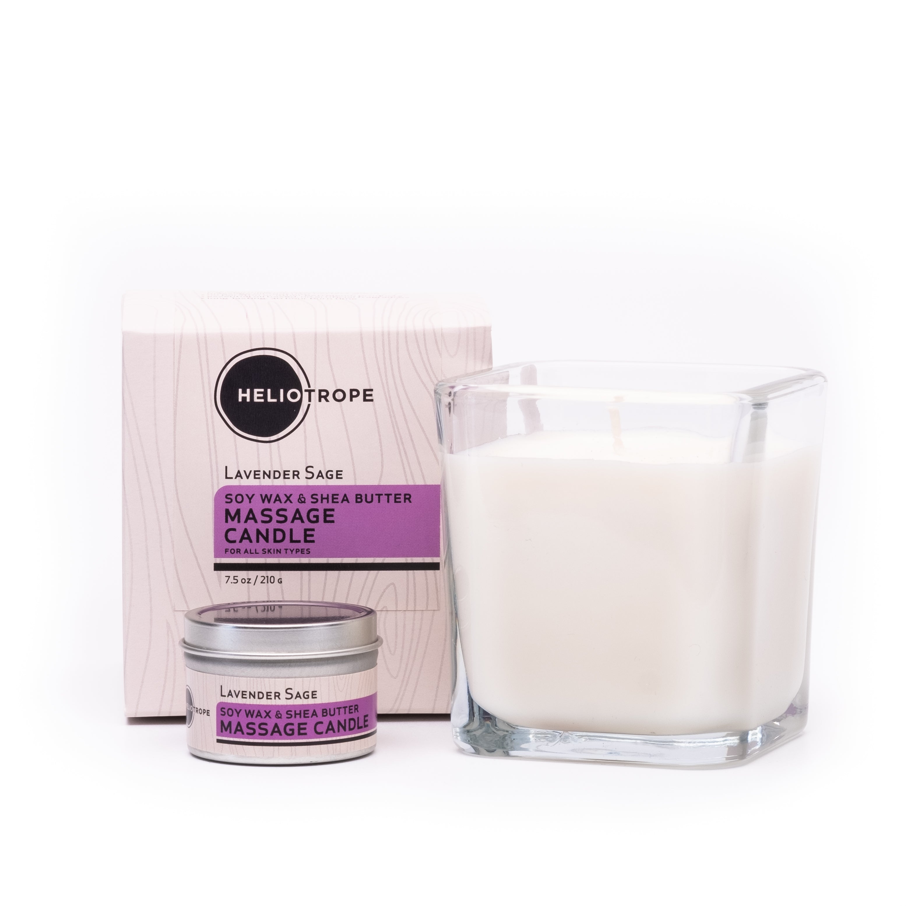 Heliotrope lavender sage massage candle with packaging on a white background