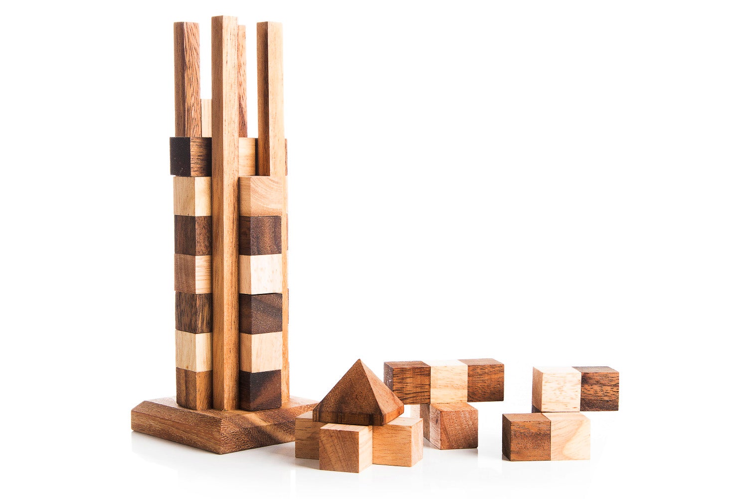 Wooden puzzle blocks on a white background