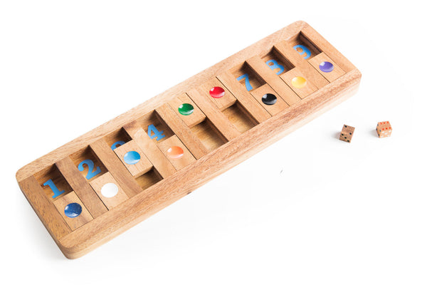 Kubiya Games Shut the Box math game with numbered tiles and dice for multiple players