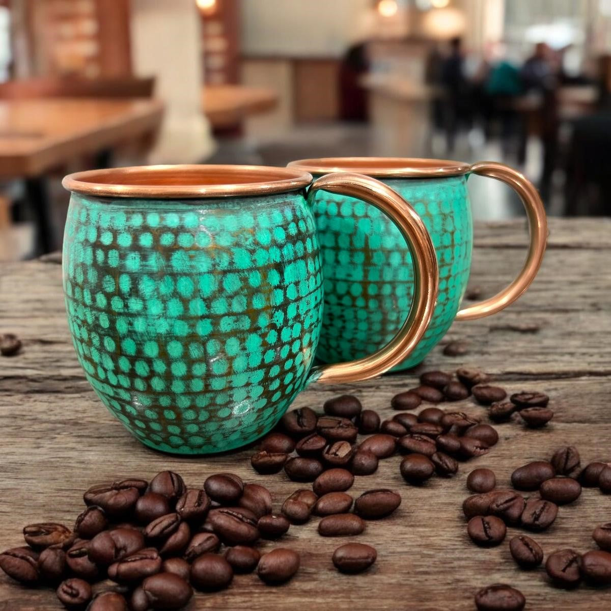 Set of Two Copper Barrel Mugs, Hammered and Mint Patina