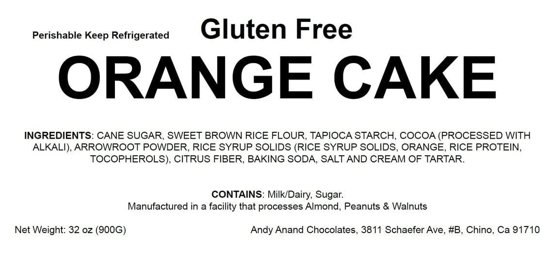Whole 9-inch Andy Anand gluten-free orange cake gift-ready in designer packaging, ships nationwide