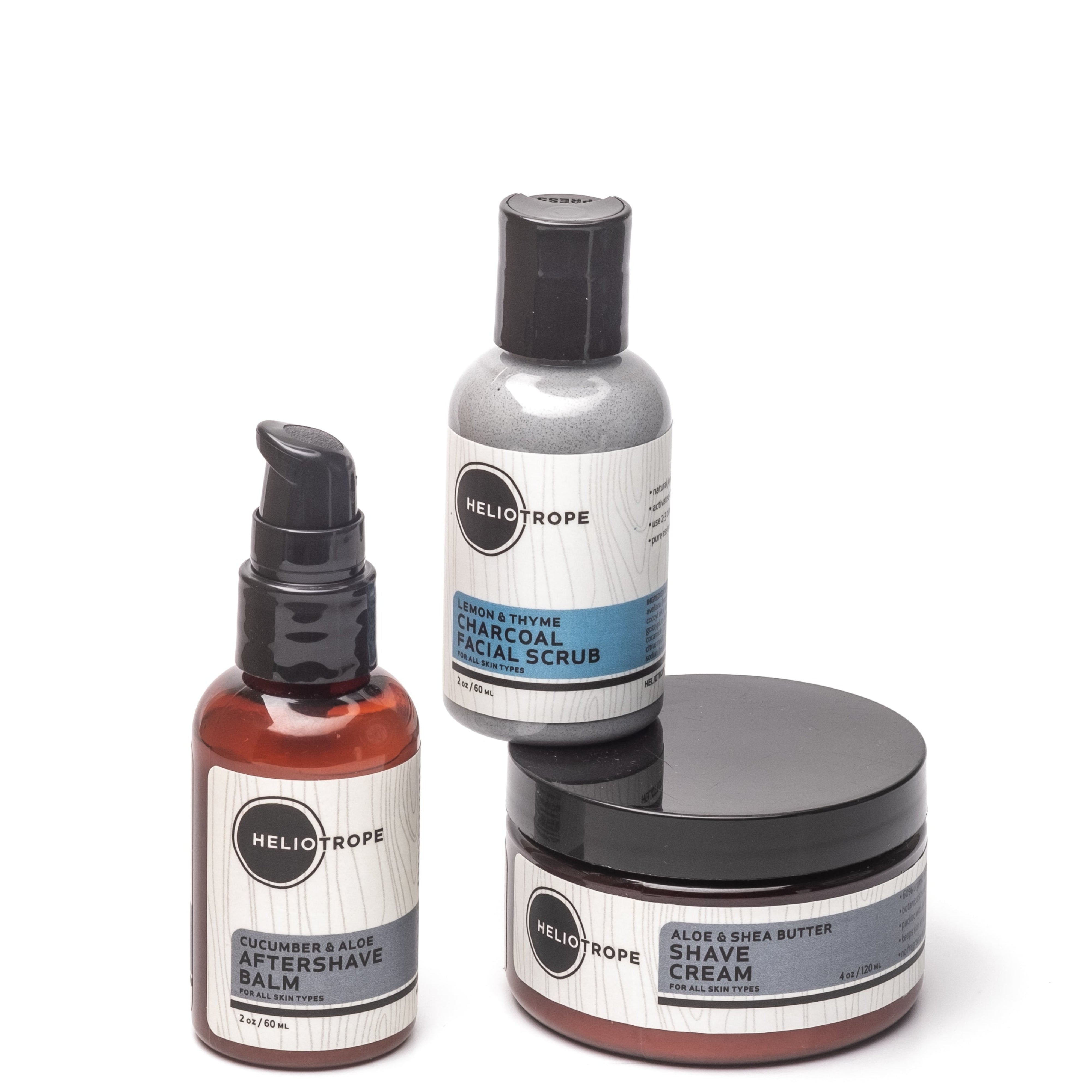 Heliotrope SF Medium Shaving Box with natural Shave Cream, Charcoal Facial Scrub, and Cucumber Aftershave Balm