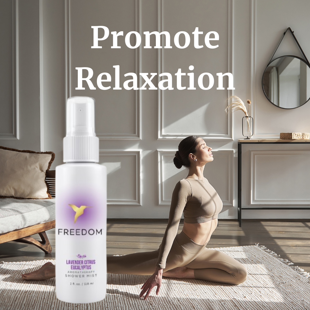 Lavender and eucalyptus shower spray 2oz bottle styled in bathroom self-care flat lay