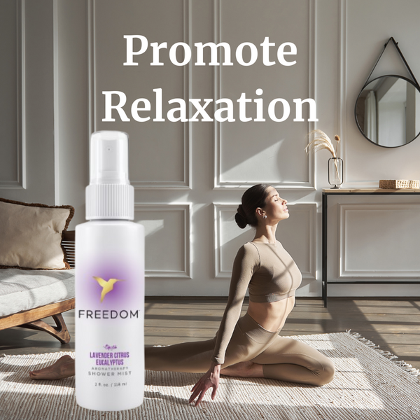 Lavender and eucalyptus shower spray 2oz bottle styled in bathroom self-care flat lay