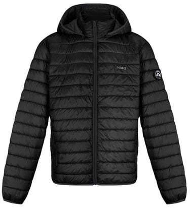 Black puffer jacket with a brand logo on a white background