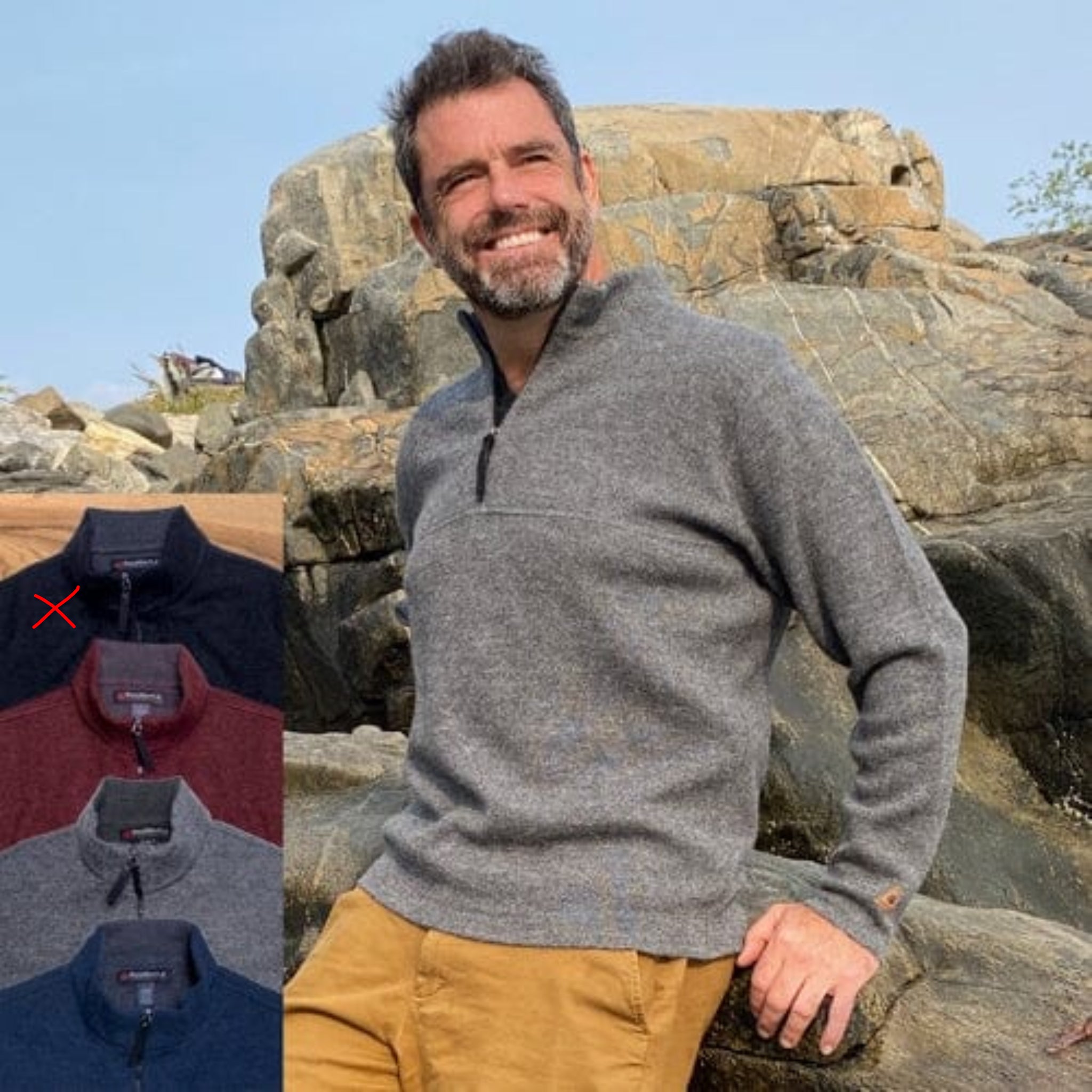 Man wearing a gray sweater with a scenic background