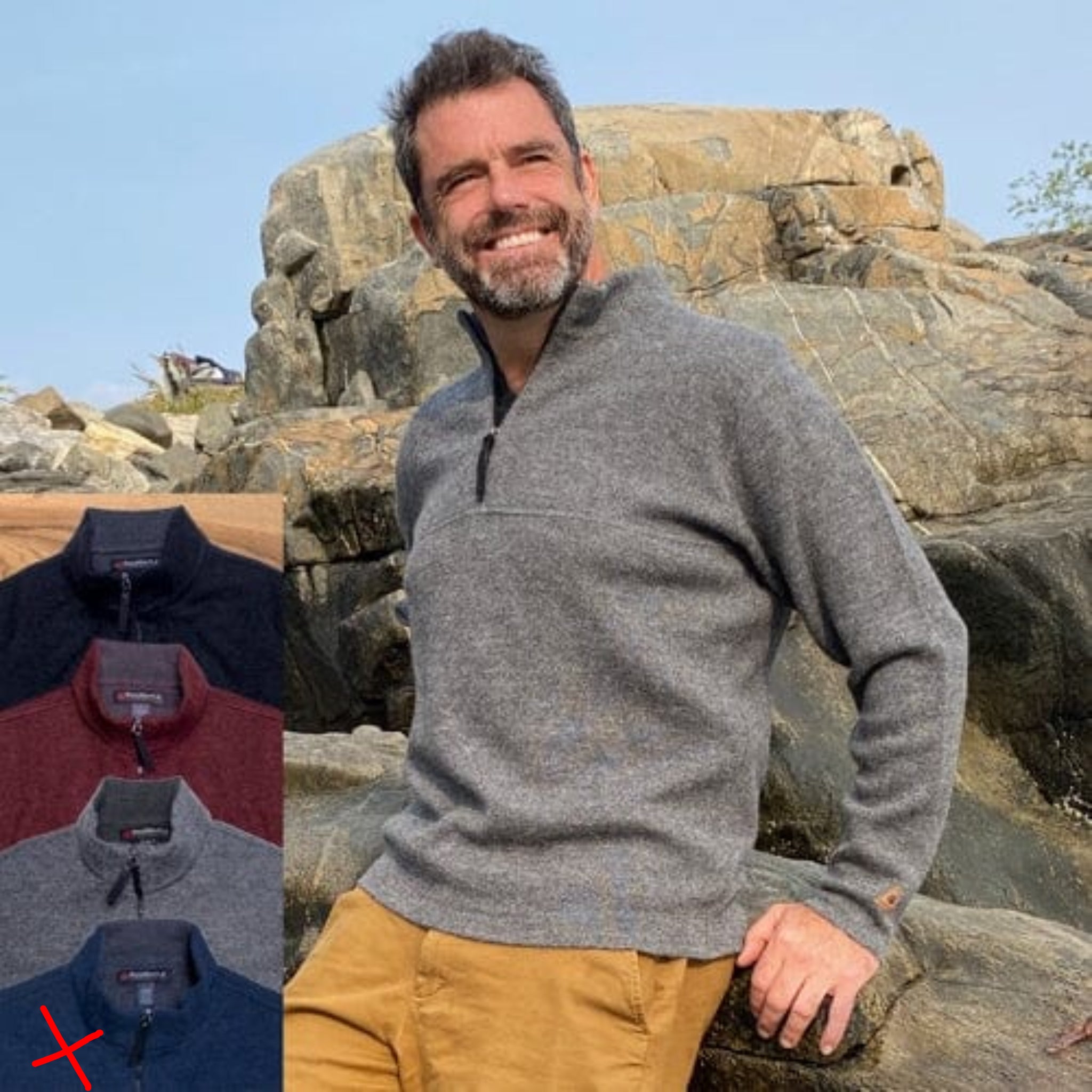 Man wearing a gray sweater with a scenic background