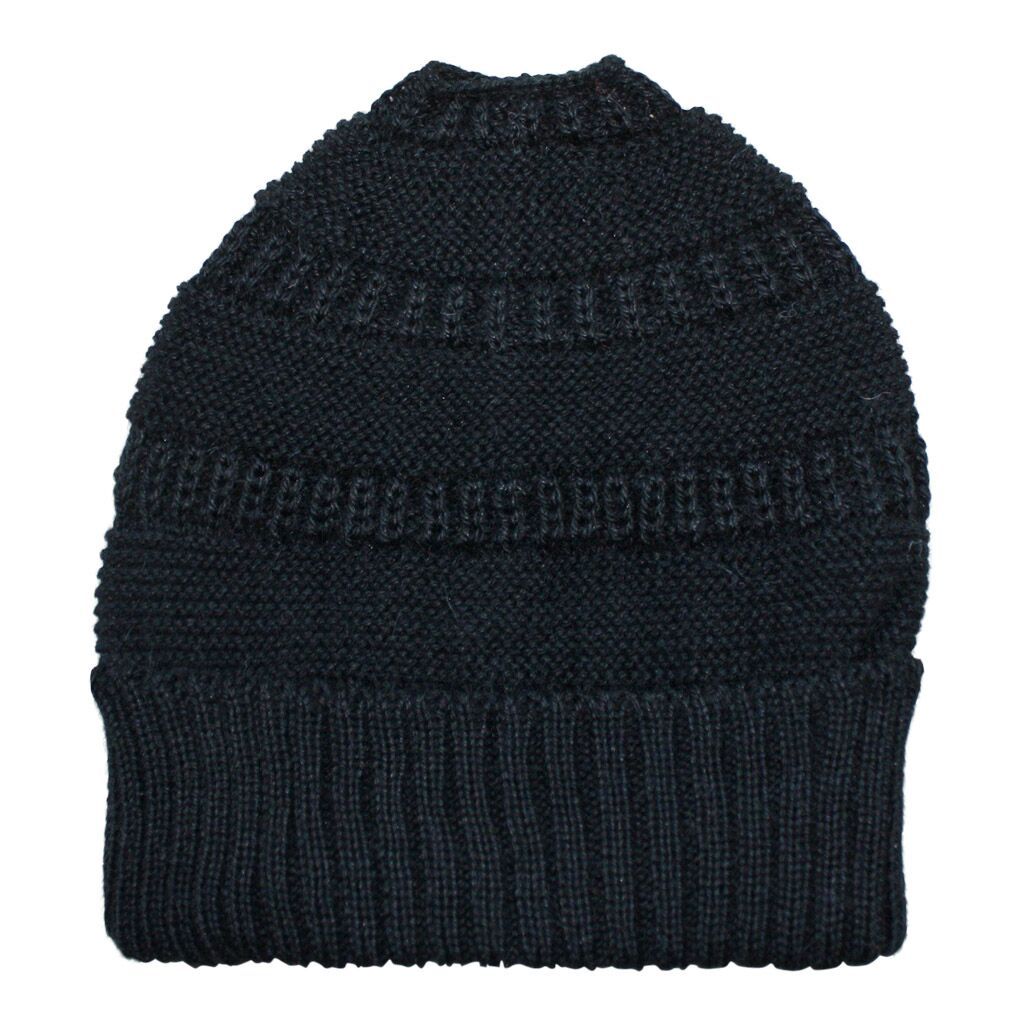 Black knit beanie on a white background