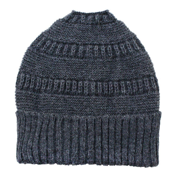 Dark gray knit beanie on a white background