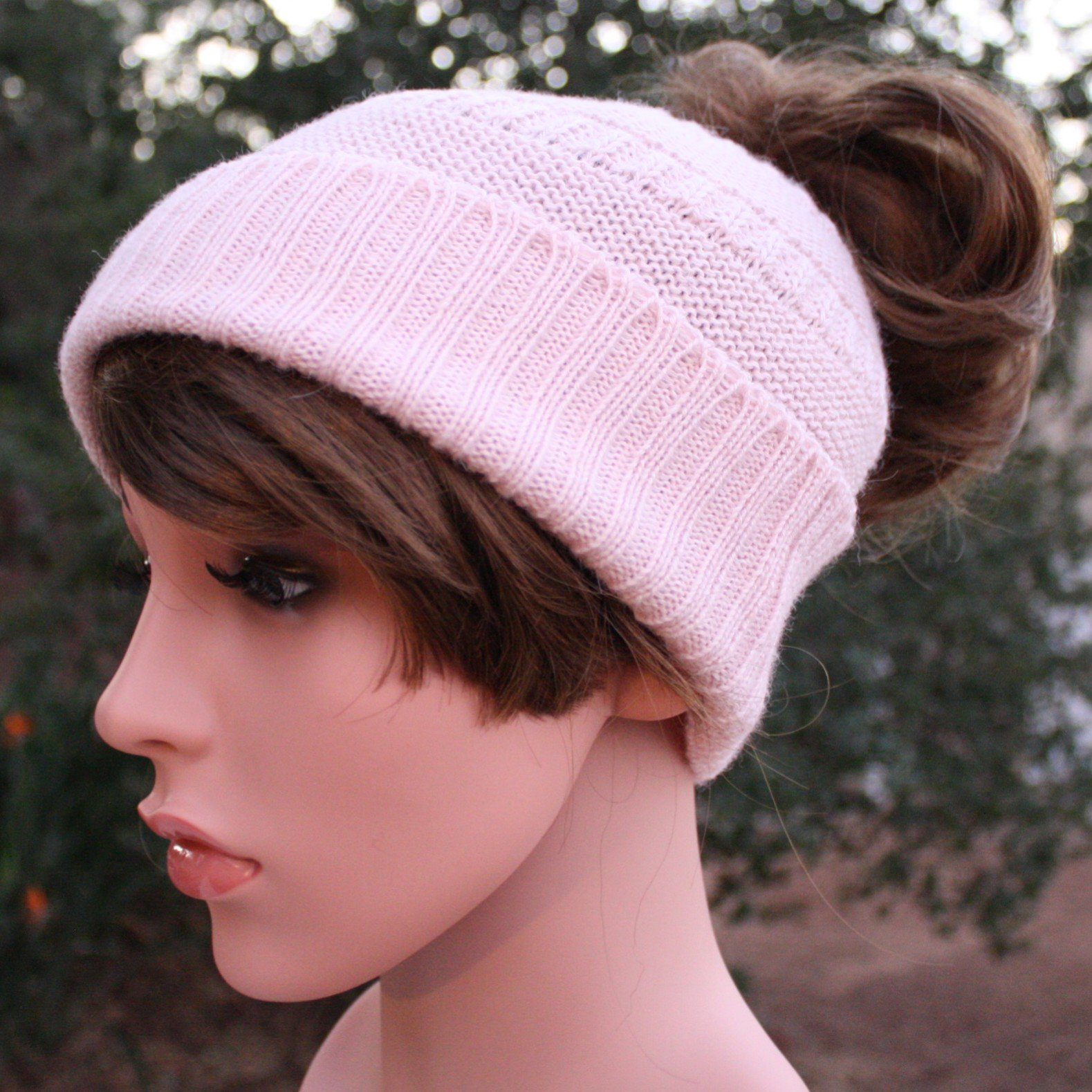 Pink messy bun alpaca hat with open top for ponytail by Purely Alpaca