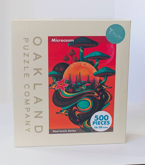 Giftable box for the Microcosm 500-piece jigsaw puzzle from Oakland Puzzle Company