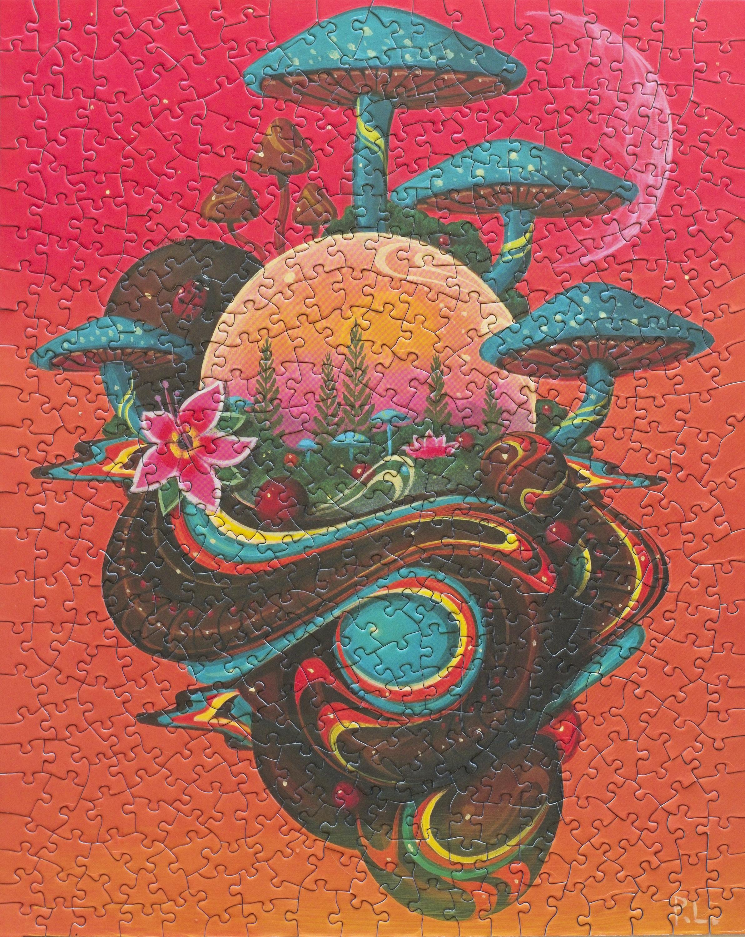 Completed Microcosm 500-piece Afrofuturist jigsaw puzzle featuring artwork by Paul Lewin
