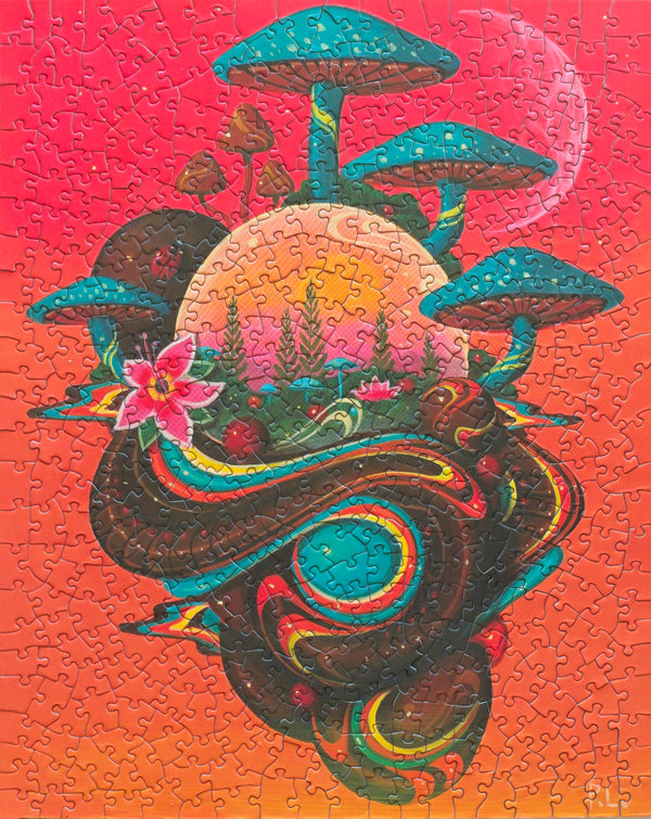 Completed Microcosm 500-piece Afrofuturist jigsaw puzzle featuring artwork by Paul Lewin