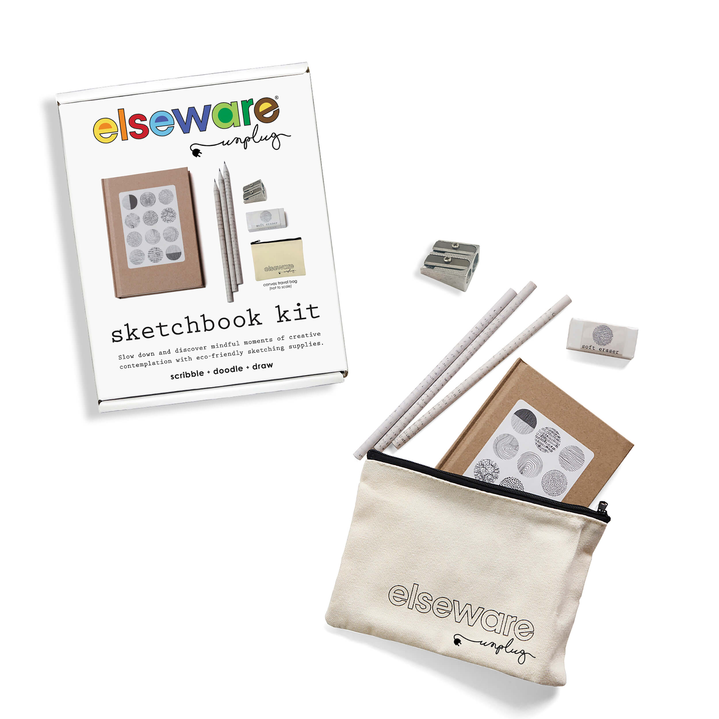 Sketchbook kit with pencils, erasers, and pouch on a white background