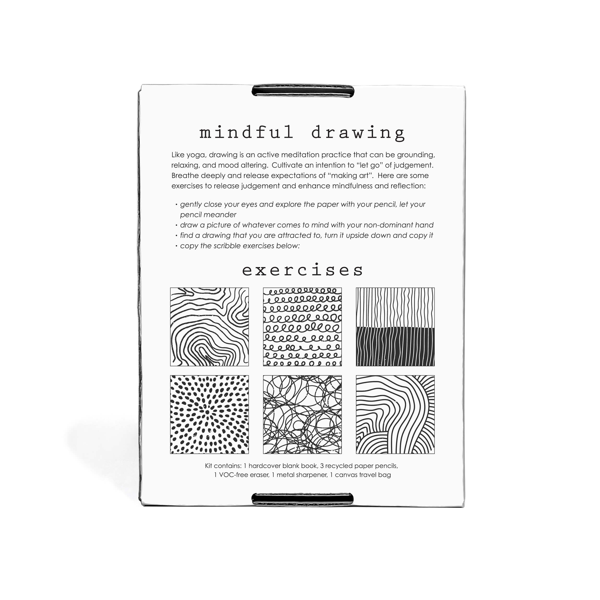 Product packaging for 'mindful drawing' with text and design exercises on a white background.