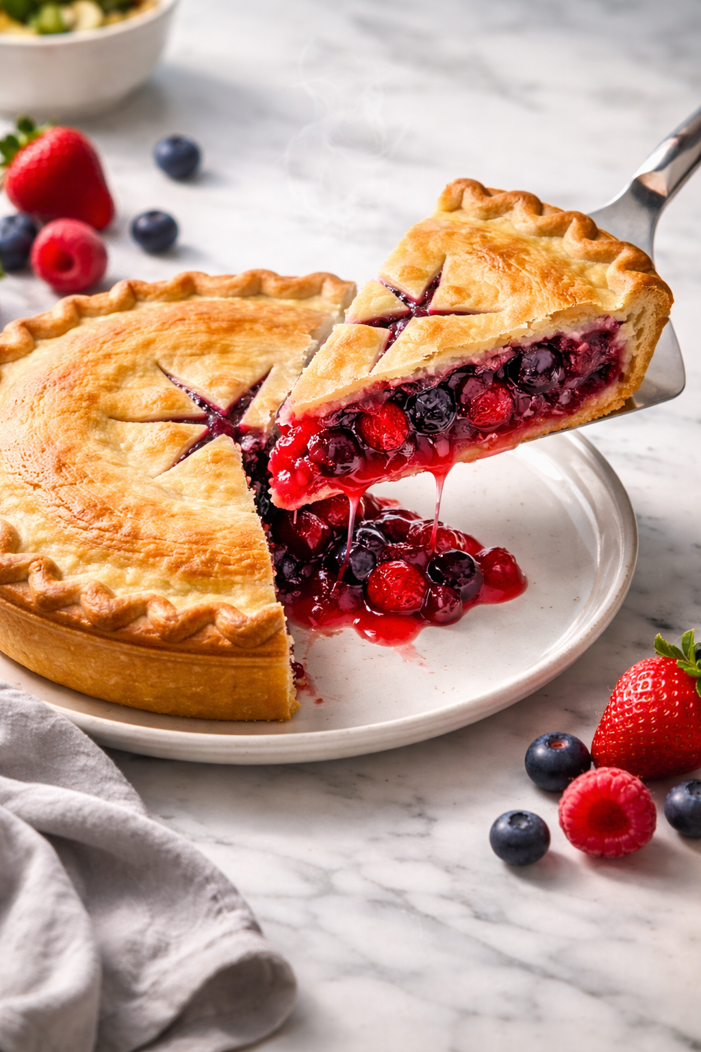Close-up of the sugar-free mixed berry pie filling — whole strawberries, blueberries, and blackberries, no added sugar