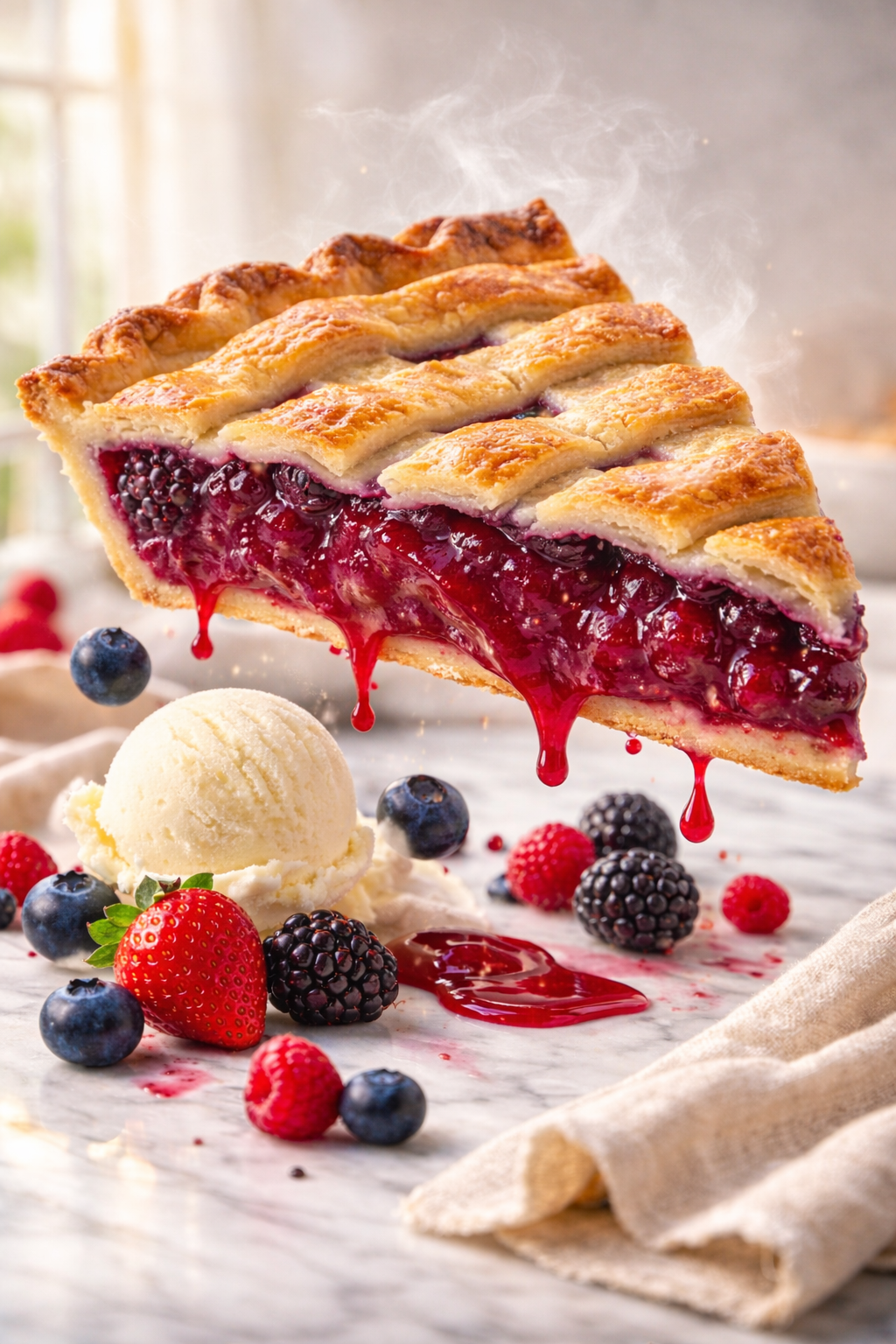 Sliced sugar-free mixed berry pie showing the whole fruit filling — a diabetic-friendly dessert from Andy Anand