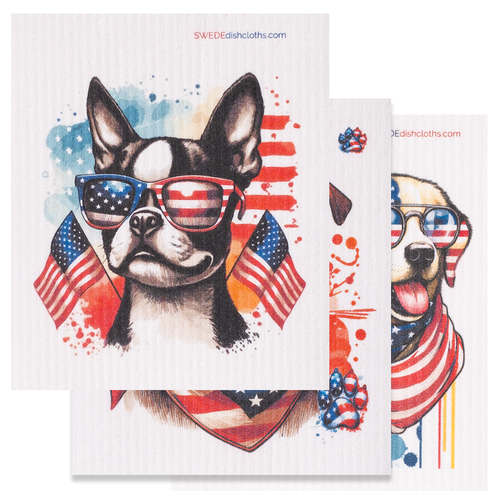Set of 3 patriotic dog Swedish dishcloths — Pitbull, Labrador, and French Bulldog designs