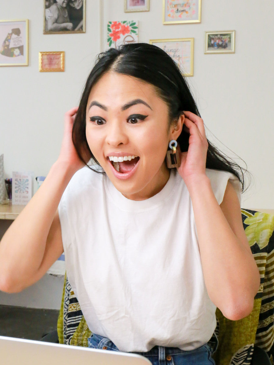 Modern Connection drop earrings by Fair Anita styled view – 2 inch upcycled wood and brass earrings